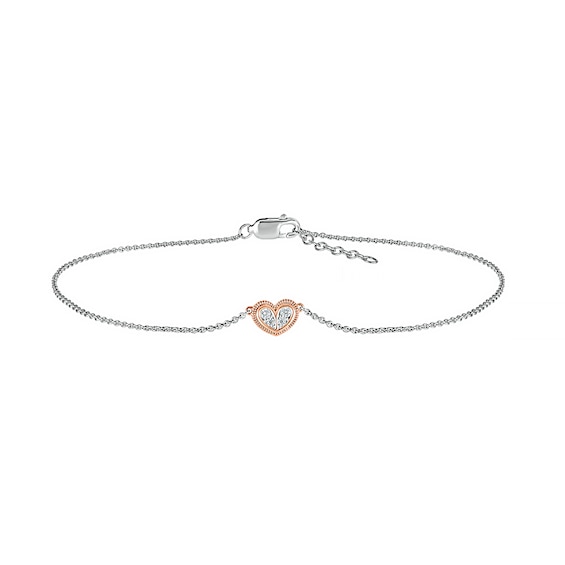 0.065 CT. T.W. Diamond Heart Anklet in Sterling Silver and 10K Rose Gold – 10"