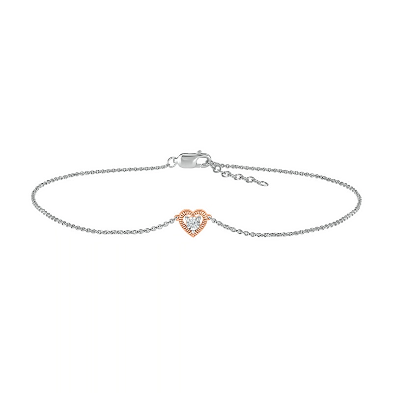 Diamond Accent Solitaire Heart Anklet in Sterling Silver and 10K Rose Gold – 10"