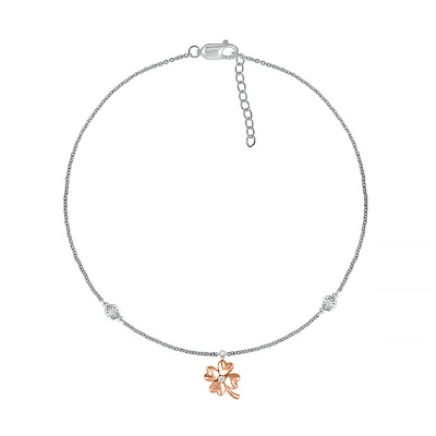 Diamond Accent Four Leaf Clover Anklet in Sterling Silver and 10K Rose Gold – 10"