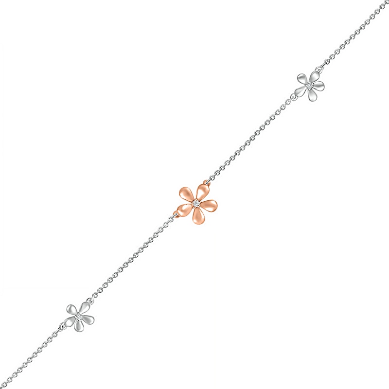 Diamond Accent Flower Anklet in Sterling Silver and 10K Rose Gold – 10"