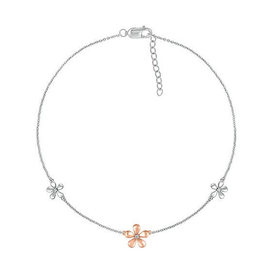 Diamond Accent Flower Anklet in Sterling Silver and 10K Rose Gold – 10"