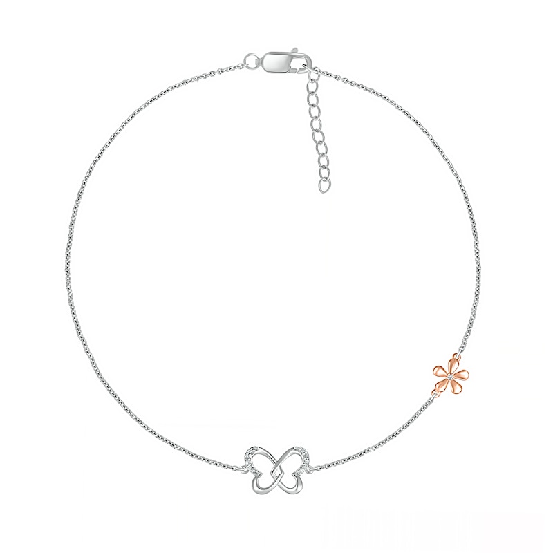 0.04 CT. T.W. Diamond Butterfly and Flower Anklet in Sterling Silver and 10K Rose Gold – 10"