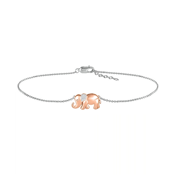 Diamond Accent Elephant Anklet in Sterling Silver and 10K Rose Gold – 10"