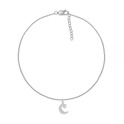 0.04 CT. T.W. Diamond Crescent Moon and Star Anklet in Sterling Silver – 10"