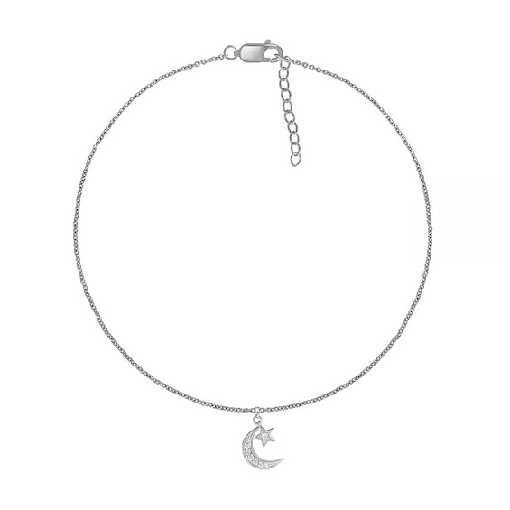 0.04 CT. T.W. Diamond Crescent Moon and Star Anklet in Sterling Silver – 10"