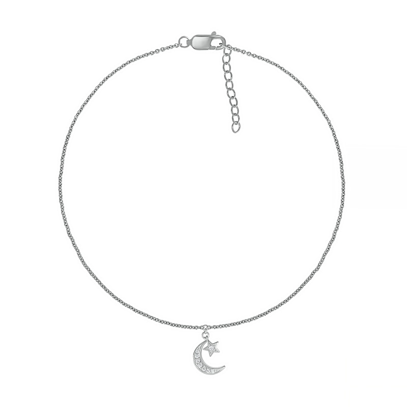0.04 CT. T.W. Diamond Crescent Moon and Star Anklet in Sterling Silver – 10"
