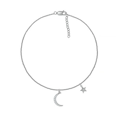 0.065 CT. T.W. Diamond Crescent Moon and Star Anklet in Sterling Silver – 10"