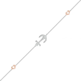 0.04 CT. T.W. Diamond Heart and Anchor Anklet in Sterling Silver and 10K Rose Gold – 10&quot;