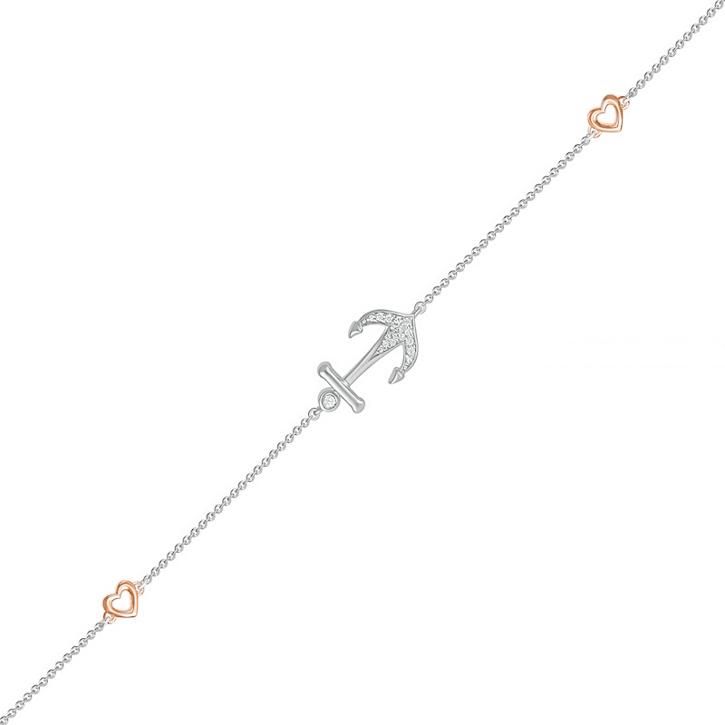 0.04 CT. T.W. Diamond Heart and Anchor Anklet in Sterling Silver and 10K Rose Gold – 10"|Peoples Jewellers