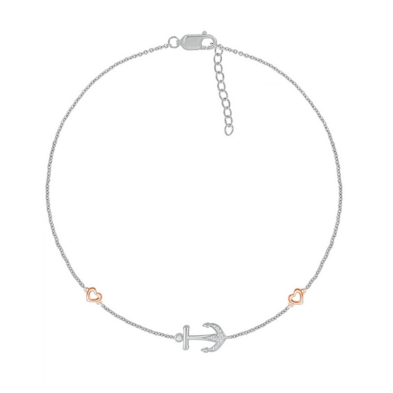 0.04 CT. T.W. Diamond Heart and Anchor Anklet in Sterling Silver and 10K Rose Gold – 10"