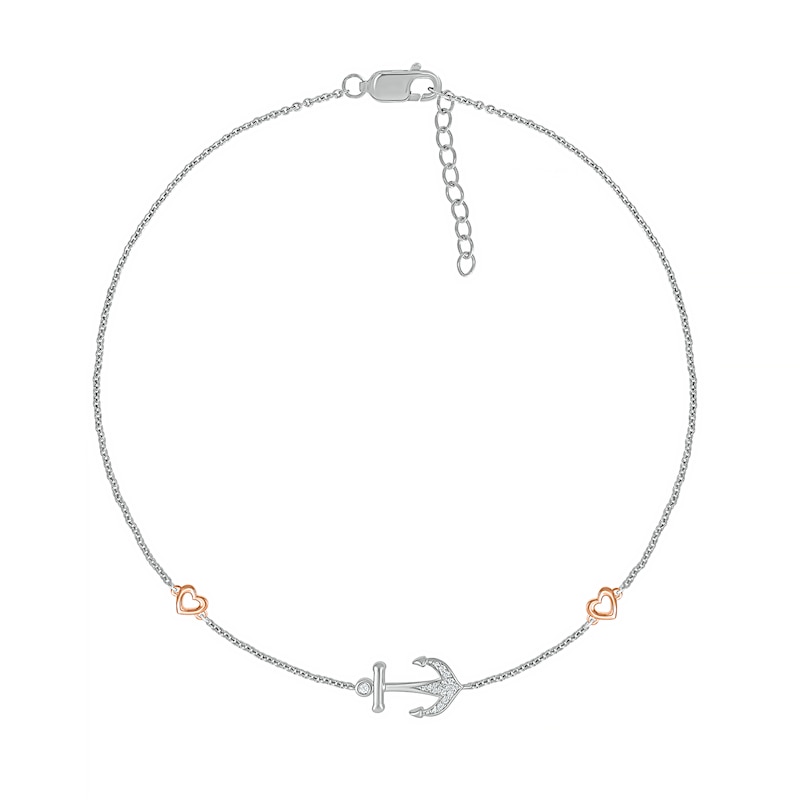 0.04 CT. T.W. Diamond Heart and Anchor Anklet in Sterling Silver and 10K Rose Gold – 10"|Peoples Jewellers