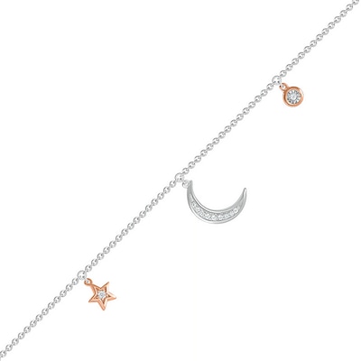 0.04 CT. T.W. Diamond Crescent Moon and Star Anklet in Sterling Silver and 10K Rose Gold