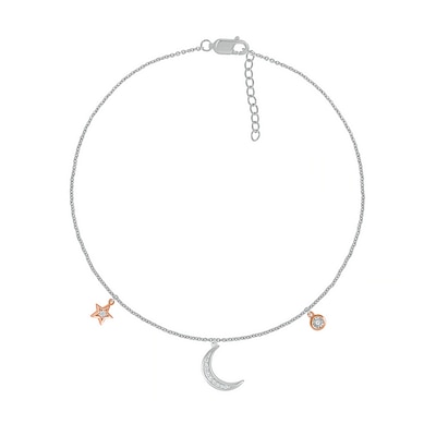 0.04 CT. T.W. Diamond Crescent Moon and Star Anklet in Sterling Silver and 10K Rose Gold