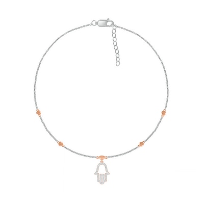 0.086 CT. T.W. Diamond Hamsa Anklet in Sterling Silver and 10K Rose Gold – 10"