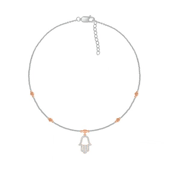 0.086 CT. T.W. Diamond Hamsa Anklet in Sterling Silver and 10K Rose Gold – 10"