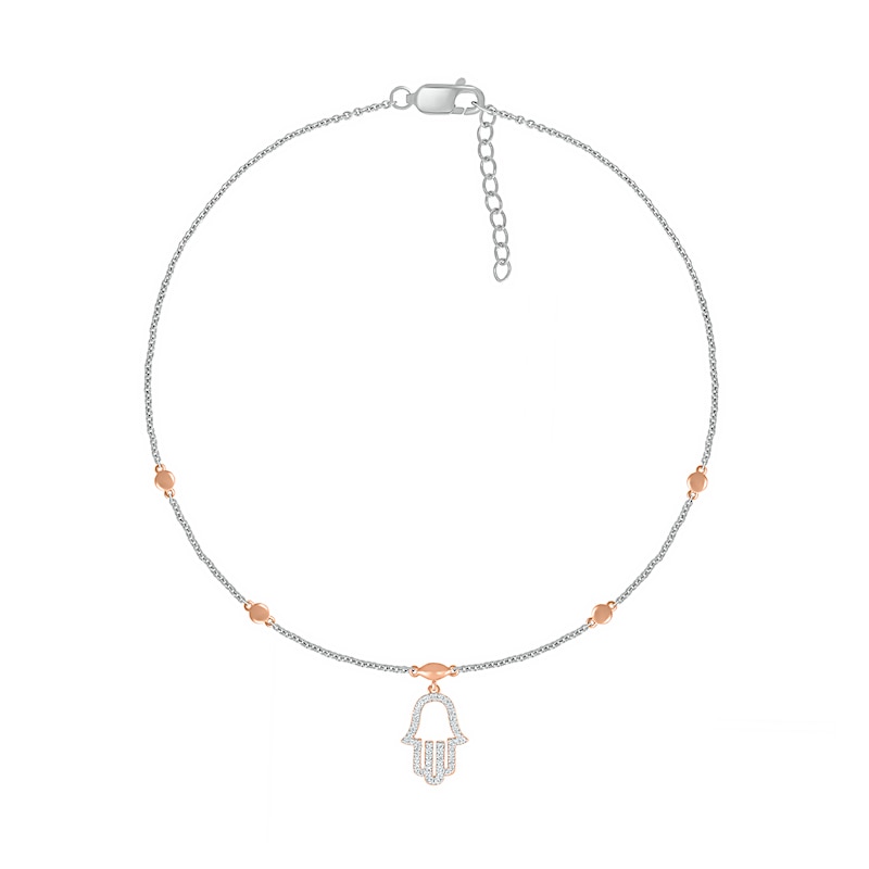 0.086 CT. T.W. Diamond Hamsa Anklet in Sterling Silver and 10K Rose Gold – 10"|Peoples Jewellers