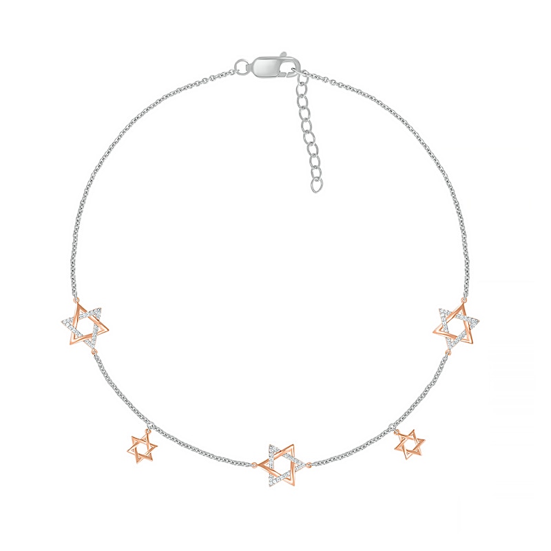 0.115 CT. T.W. Diamond Star of David Anklet in Sterling Silver and 10K Rose Gold – 10"