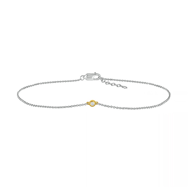 Diamond Accent Solitaire Circle Anklet in Sterling Silver and 10K Gold – 10"