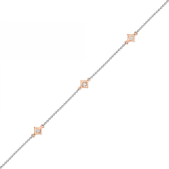 0.04 CT. T.W. Diamond Triple Tilted Square Frame Anklet in Sterling Silver with 14K Rose Gold Plate – 10"