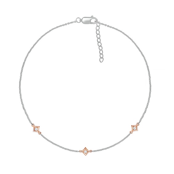 0.04 CT. T.W. Diamond Triple Tilted Square Frame Anklet in Sterling Silver with 14K Rose Gold Plate – 10"