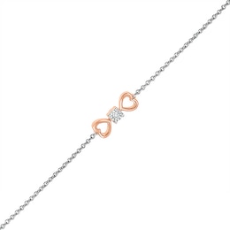 Diamond Accent Solitaire Double Heart Anklet in Sterling Silver and 10K Rose Gold – 10&quot;