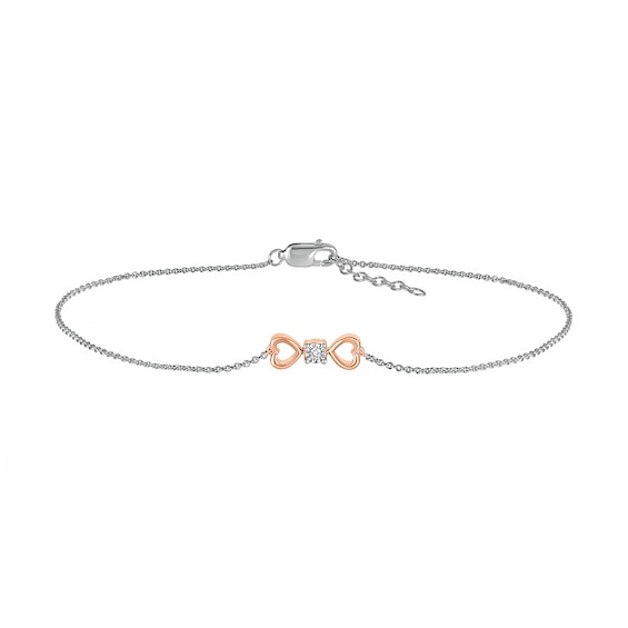 Diamond Accent Solitaire Double Heart Anklet in Sterling Silver and 10K Rose Gold – 10"