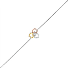 Diamond Accent Solitaire Triple Heart Anklet in Sterling Silver and 10K Two-Tone Gold – 10&quot;