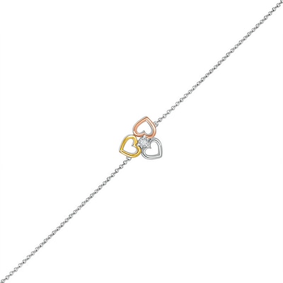 Diamond Accent Solitaire Triple Heart Anklet in Sterling Silver and 10K Two-Tone Gold – 10"