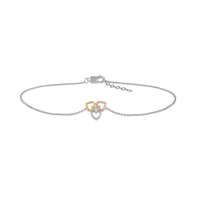 Diamond Accent Solitaire Triple Heart Anklet in Sterling Silver and 10K Two-Tone Gold – 10"