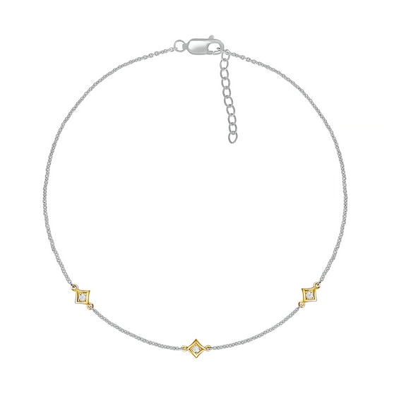 0.04 CT. T.W. Diamond Triple Tilted Square Frame Anklet in Sterling Silver with 14K Gold Plate – 10"