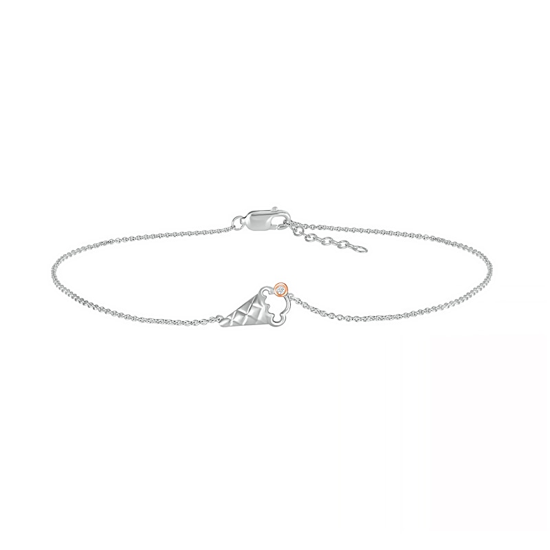 Diamond Accent Solitaire Ice Cream Cone Anklet in Sterling Silver and 10K Rose Gold – 10"