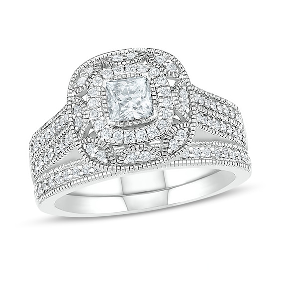 0.69 CT. T.W. Princess-Cut Diamond Frame Vintage-Style Bridal Set in 10K Gold