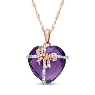 Chequerboard Heart-Shaped Amethyst and 0.12 CT. T.W. Diamond Gift Bow Overlay Pendant in 10K Rose Gold - 17"