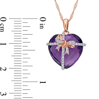 Chequerboard Heart-Shaped Amethyst and 0.12 CT. T.W. Diamond Gift Bow Overlay Pendant in 10K Rose Gold - 17"