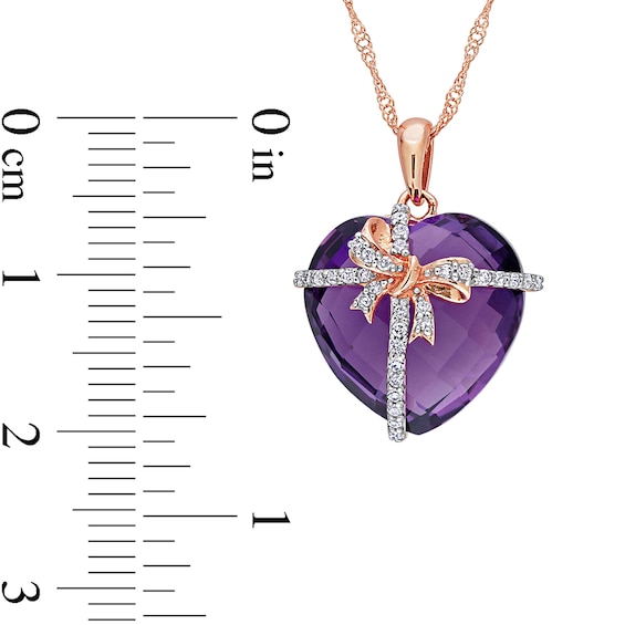 Chequerboard Heart-Shaped Amethyst and 0.12 CT. T.W. Diamond Gift Bow Overlay Pendant in 10K Rose Gold - 17"