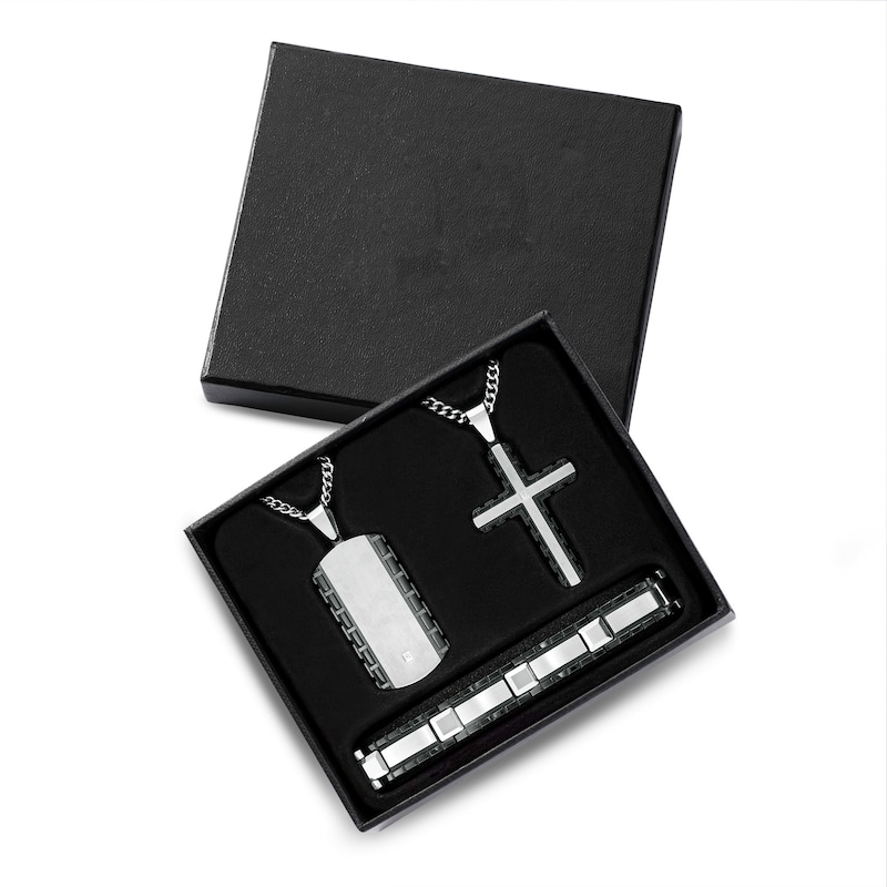 Men's Diamond Accent Dog Tag, Cross Pendant and Link Bracelet Set in Stainless Steel and Tungsten with Black IP - 24"|Peoples Jewellers