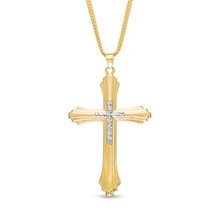 Men's Diamond-Cut Layered Stepped Edge Art Deco Double Cross Pendant in 10K Two-Tone Gold - 22"