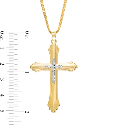 Men's Diamond-Cut Layered Stepped Edge Art Deco Double Cross Pendant in 10K Two-Tone Gold - 22"