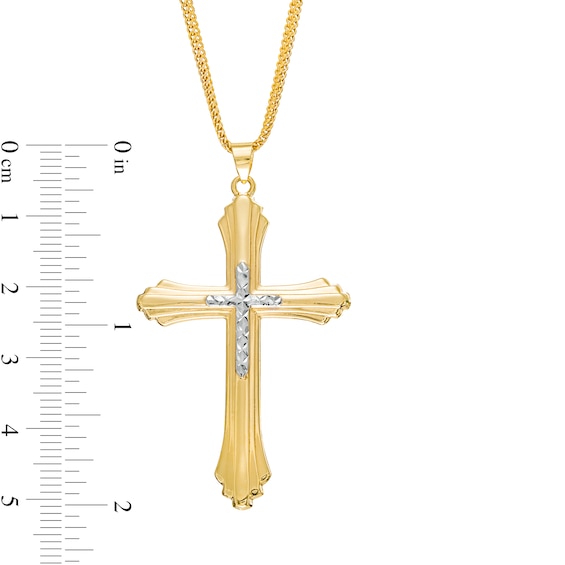 Men's Diamond-Cut Layered Stepped Edge Art Deco Double Cross Pendant in 10K Two-Tone Gold - 22"