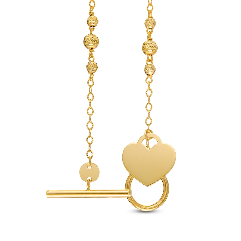 Diamond-Cut Graduated Bead Trio Station Bracelet with Heart Charm in 14K Gold - 7.5"