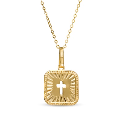 Cut-Out Cross Diamond-Cut Square Pendant in 10K Gold – 18"