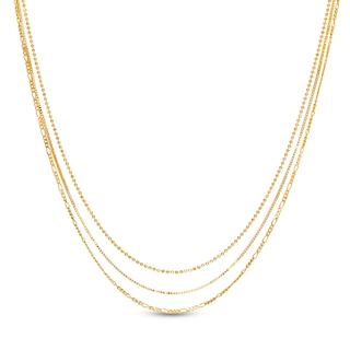 Adjustable Bead, Box and Figaro Chain Triple Strand Necklace in 10K Gold