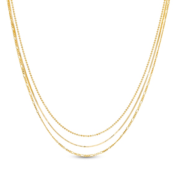 Adjustable Bead, Box and Figaro Chain Triple Strand Necklace in 10K Gold