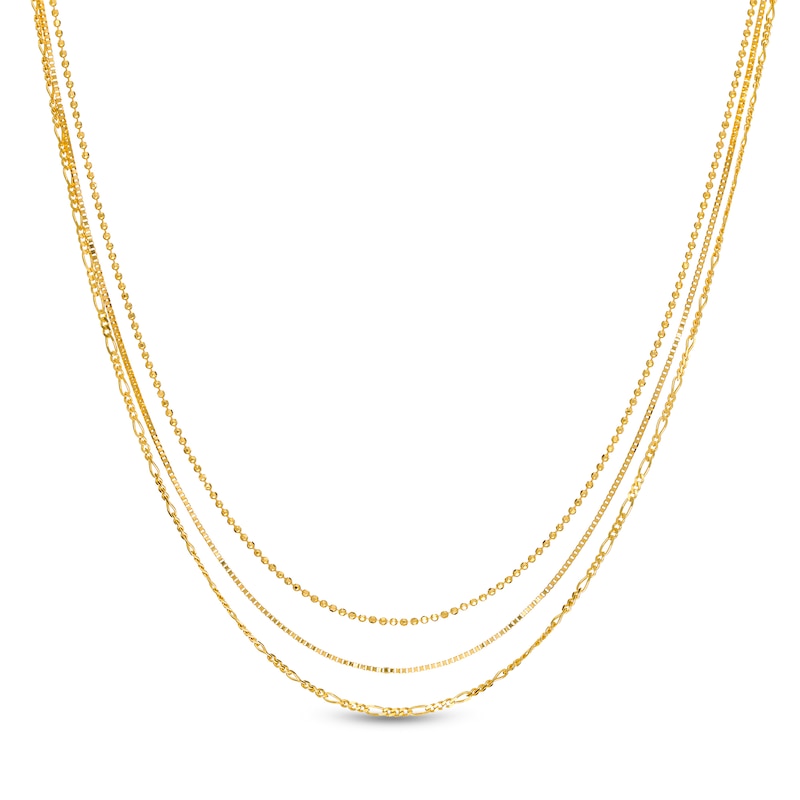 Adjustable Bead, Box and Figaro Chain Triple Strand Necklace in 10K Gold|Peoples Jewellers