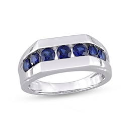 Men's Blue Lab-Created Sapphire Seven Stone Channel Band in Sterling Silver