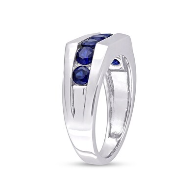 Men's Blue Lab-Created Sapphire Seven Stone Channel Band in Sterling Silver