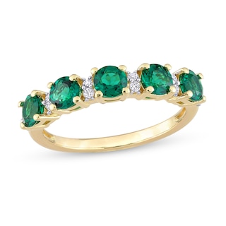 Lab-Created Emerald and White Lab-Created Sapphire Five Stone Duo Stackable Band in Sterling Silver with Yellow Rhodium