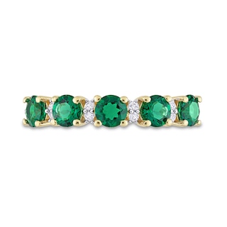 Lab-Created Emerald and White Lab-Created Sapphire Five Stone Duo Stackable Band in Sterling Silver with Yellow Rhodium