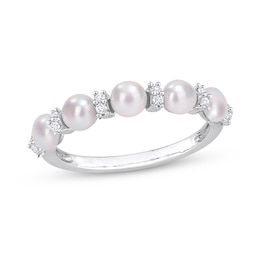 3.5-4.0mm Button Freshwater Cultured Pearl and White Topaz Duo Five Stone Alternating Stackable Band in Sterling Silver