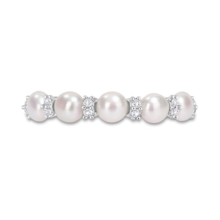 3.5-4.0mm Button Freshwater Cultured Pearl and White Topaz Duo Five Stone Alternating Stackable Band in Sterling Silver